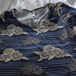 LuLaRoe Blue and Black Striped Floral Top